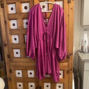 Free People Satiny Magenta Pink Plunging Neck Gathered Tie-Front Dress XL